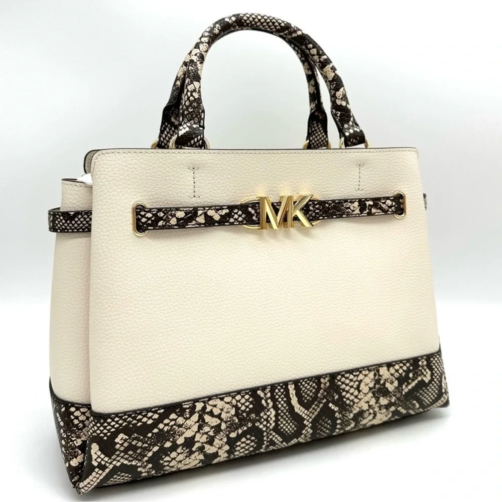 Michael Kors Large Reed Leather Belted Satchel Crossbody Bag Cream Snakeskin